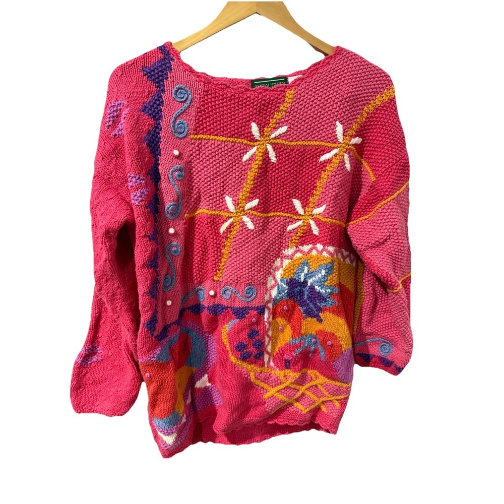 J Mclaughlin Sweater Women Medium‎ Pink Multicolored Hand Knit Crew Neck Vintage
